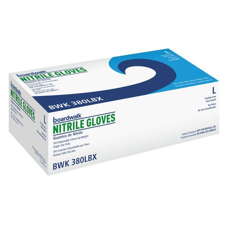 BOARDWALK 380 Series, Nitrile Disposable Gloves, 4 mil Palm, Nitrile, Powder-Free, L, 100 PK, Blue 380LBXA